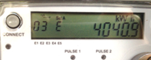 A digital electricity meter displaying the total kWh.